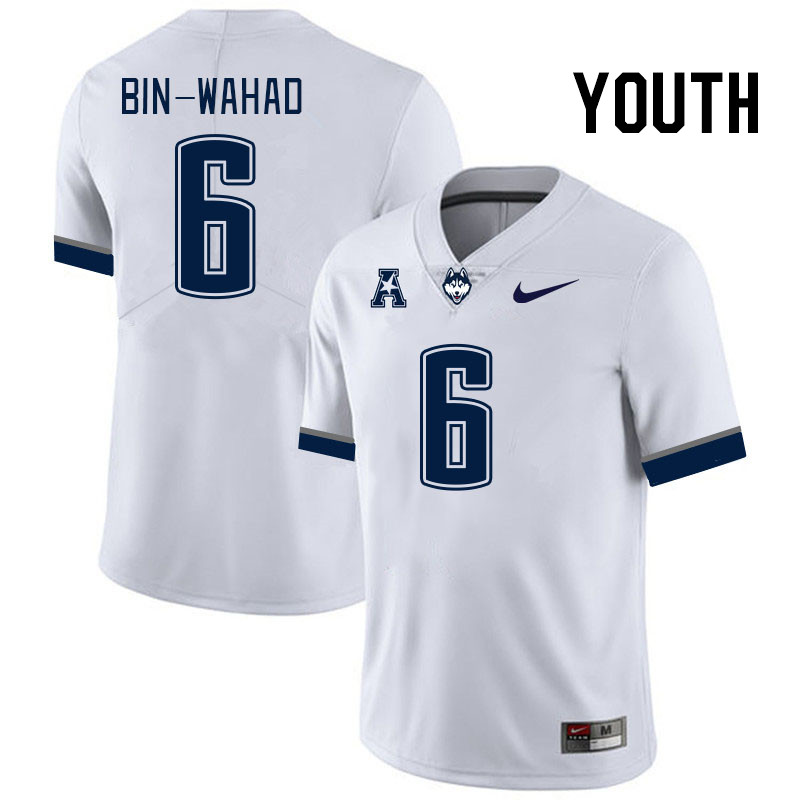 Youth #6 Mumu Bin-Wahad Connecticut Huskies College Football Jerseys Stitched Sale-White - Click Image to Close